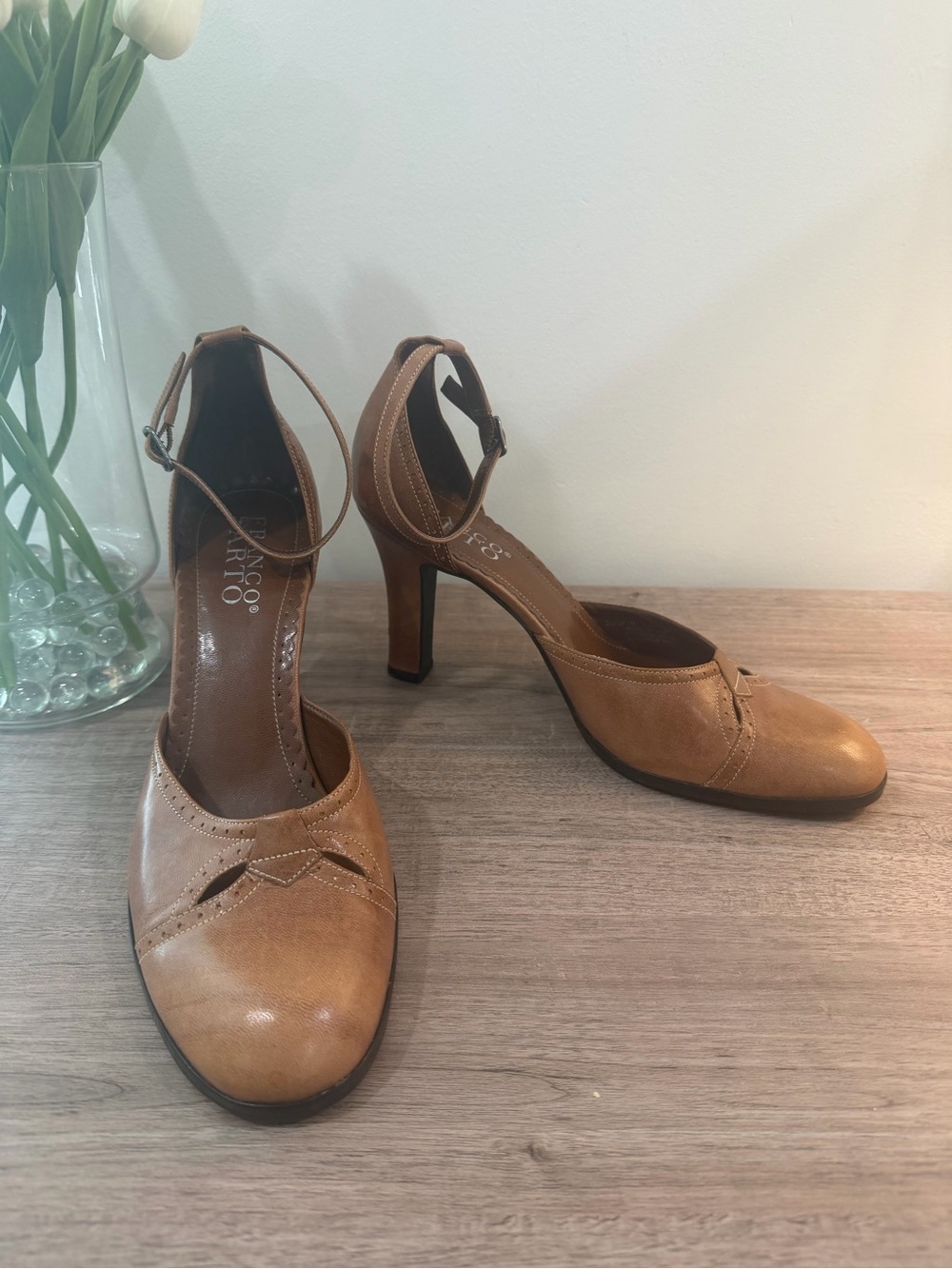 Franco Sarto Cognac Tan Leather Ankle-Strap Heels